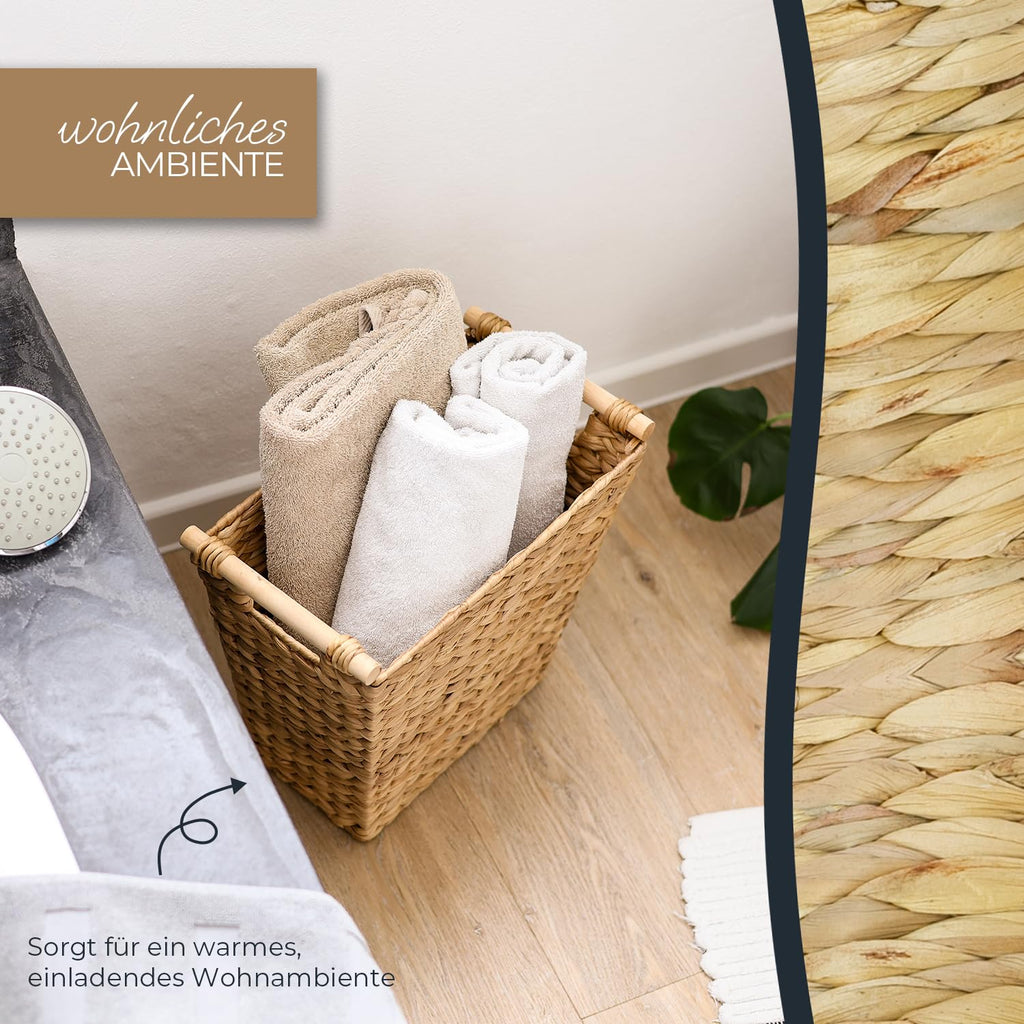 HMF Papierkorb Büro, trapezförmiger Aufbewahrungskorb mit Holzgriffen geflochten aus Wasserhyazinthe, 36 x 19 x 33 cm, Naturfarben