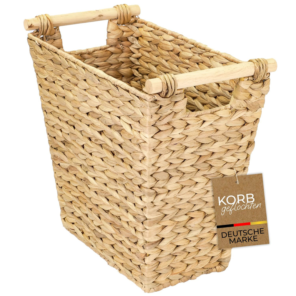 HMF Papierkorb Büro, trapezförmiger Aufbewahrungskorb mit Holzgriffen geflochten aus Wasserhyazinthe, 36 x 19 x 33 cm, Naturfarben