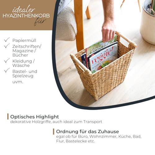 HMF Papierkorb Büro, trapezförmiger Aufbewahrungskorb mit Holzgriffen geflochten aus Wasserhyazinthe, 36 x 19 x 33 cm, Naturfarben