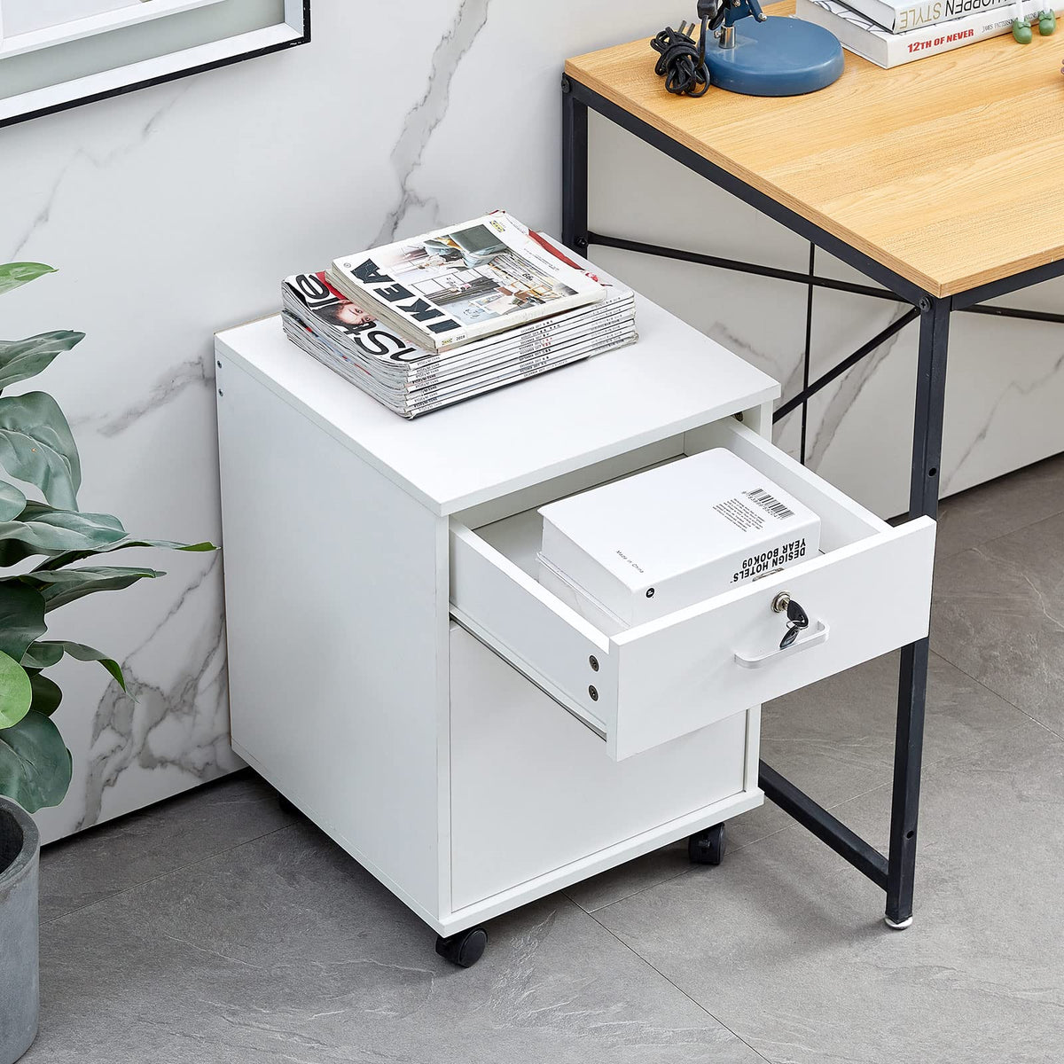 CLIPOP Abschließbarer Rollcontainer, 1 Schublade + Fach, 40 * 40 * 57 cm