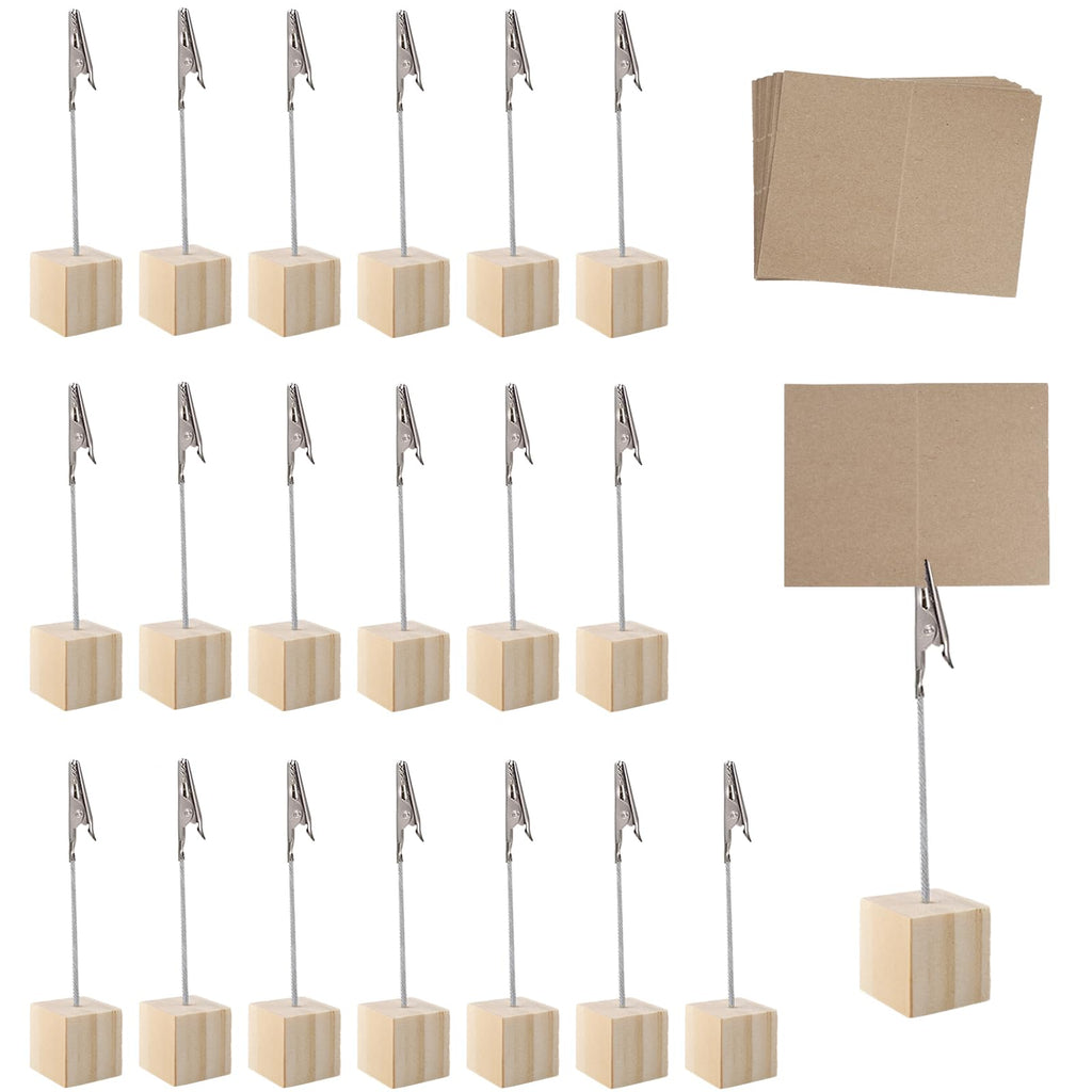 20 Stück Fotohalter Holz mit Klammern Kartenständer mit 20 Blatt Tischkarten aus Kraftpapier Clip Halter Fotoständer Tischkartenhalter Kartenhalter Tisch Memo Halter für Hochzeits, Party, Büro