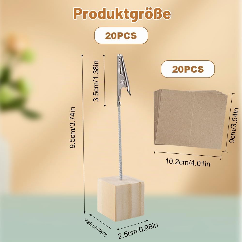 20 Stück Fotohalter Holz mit Klammern Kartenständer mit 20 Blatt Tischkarten aus Kraftpapier Clip Halter Fotoständer Tischkartenhalter Kartenhalter Tisch Memo Halter für Hochzeits, Party, Büro