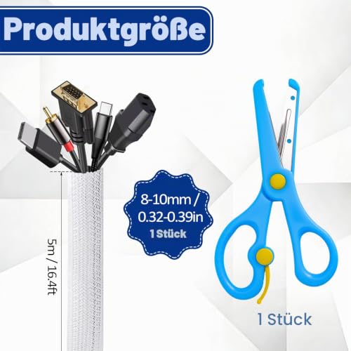 5 m Kabelschlauch Selbstschließend, Weiß 5-10 mm Kabel Flexibel, mit Schere
