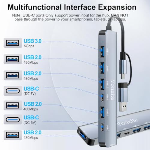 USB Hub 3.0, 7 in 1 USB C Hub Multiport Adapter mit 1*USB 3.0, 4*USB 2.0, 2*USB-C, 5 Gbit/s Hochgeschwindigkeit, USB C Splitter aus Aluminium für MacBook/Surface/XPS/PC/PS5/PS4/Laptops/Tablet etc.
