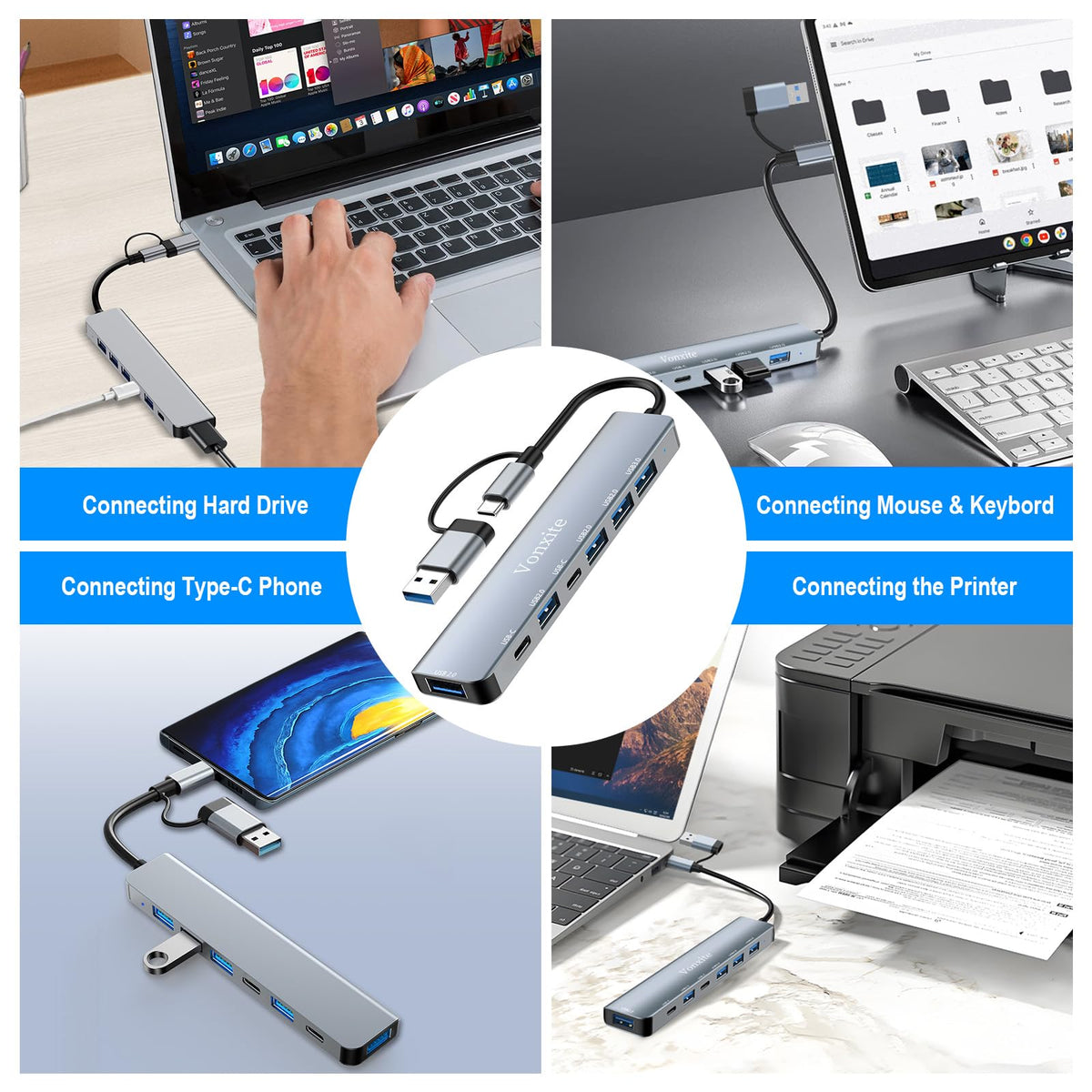 USB Hub 3.0, 7 in 1 USB C Hub Multiport Adapter mit 1*USB 3.0, 4*USB 2.0, 2*USB-C, 5 Gbit/s Hochgeschwindigkeit, USB C Splitter aus Aluminium für MacBook/Surface/XPS/PC/PS5/PS4/Laptops/Tablet etc.