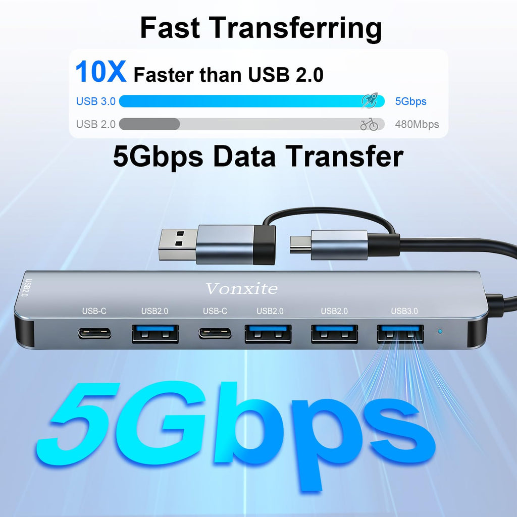 USB Hub 3.0, 7 in 1 USB C Hub Multiport Adapter mit 1*USB 3.0, 4*USB 2.0, 2*USB-C, 5 Gbit/s Hochgeschwindigkeit, USB C Splitter aus Aluminium für MacBook/Surface/XPS/PC/PS5/PS4/Laptops/Tablet etc.