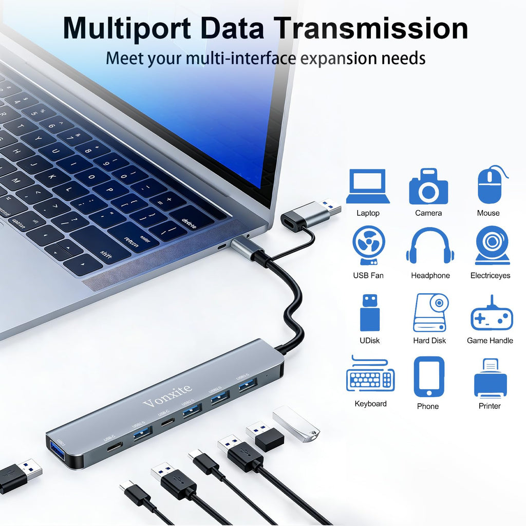 USB Hub 3.0, 7 in 1 USB C Hub Multiport Adapter mit 1*USB 3.0, 4*USB 2.0, 2*USB-C, 5 Gbit/s Hochgeschwindigkeit, USB C Splitter aus Aluminium für MacBook/Surface/XPS/PC/PS5/PS4/Laptops/Tablet etc.