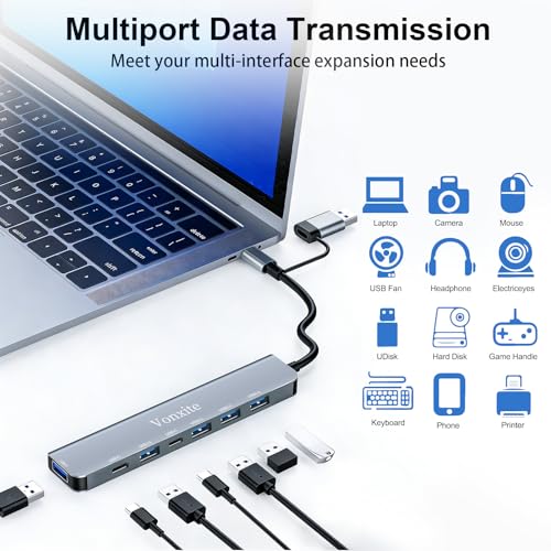 USB Hub 3.0, 7 in 1 USB C Hub Multiport Adapter mit 1*USB 3.0, 4*USB 2.0, 2*USB-C, 5 Gbit/s Hochgeschwindigkeit, USB C Splitter aus Aluminium für MacBook/Surface/XPS/PC/PS5/PS4/Laptops/Tablet etc.