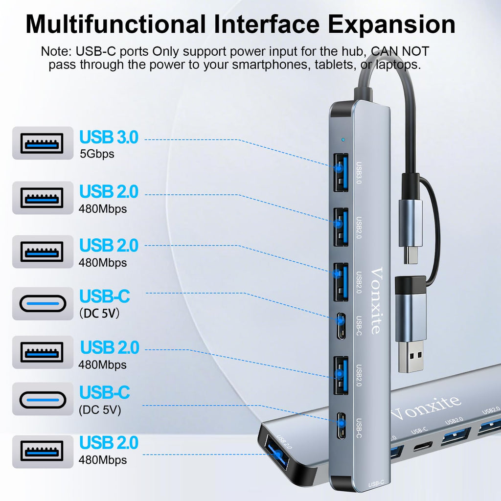 USB Hub 3.0, 7 in 1 USB C Hub Multiport Adapter mit 1*USB 3.0, 4*USB 2.0, 2*USB-C, 5 Gbit/s Hochgeschwindigkeit, USB C Splitter aus Aluminium für MacBook/Surface/XPS/PC/PS5/PS4/Laptops/Tablet etc.