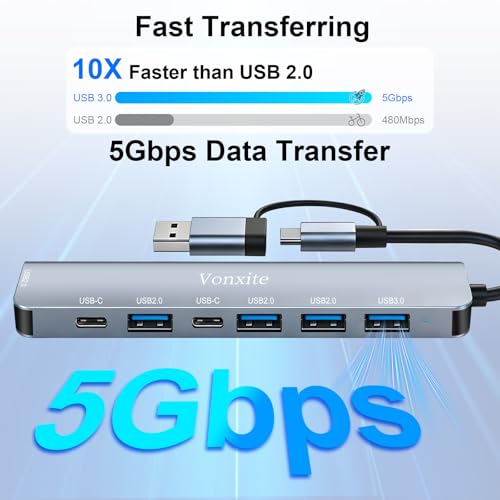 USB Hub 3.0, 7 in 1 USB C Hub Multiport Adapter mit 1*USB 3.0, 4*USB 2.0, 2*USB-C, 5 Gbit/s Hochgeschwindigkeit, USB C Splitter aus Aluminium für MacBook/Surface/XPS/PC/PS5/PS4/Laptops/Tablet etc.