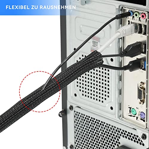 AGPTEK 2m Kabelschlauch, 25-39mm selbstschließend Kabelkanal, Flexibler gewebter Kabelmantel, Kabelmanagement für Schreibtisch, TV, Computer, PC, Kabelschutz für Hund, Katze, Schwarz