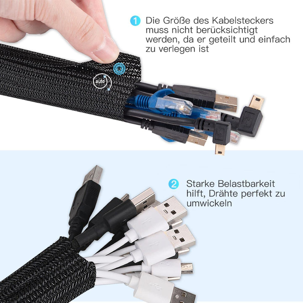 AGPTEK 2m Kabelschlauch, 25-39mm selbstschließend Kabelkanal, Flexibler gewebter Kabelmantel, Kabelmanagement für Schreibtisch, TV, Computer, PC, Kabelschutz für Hund, Katze, Schwarz