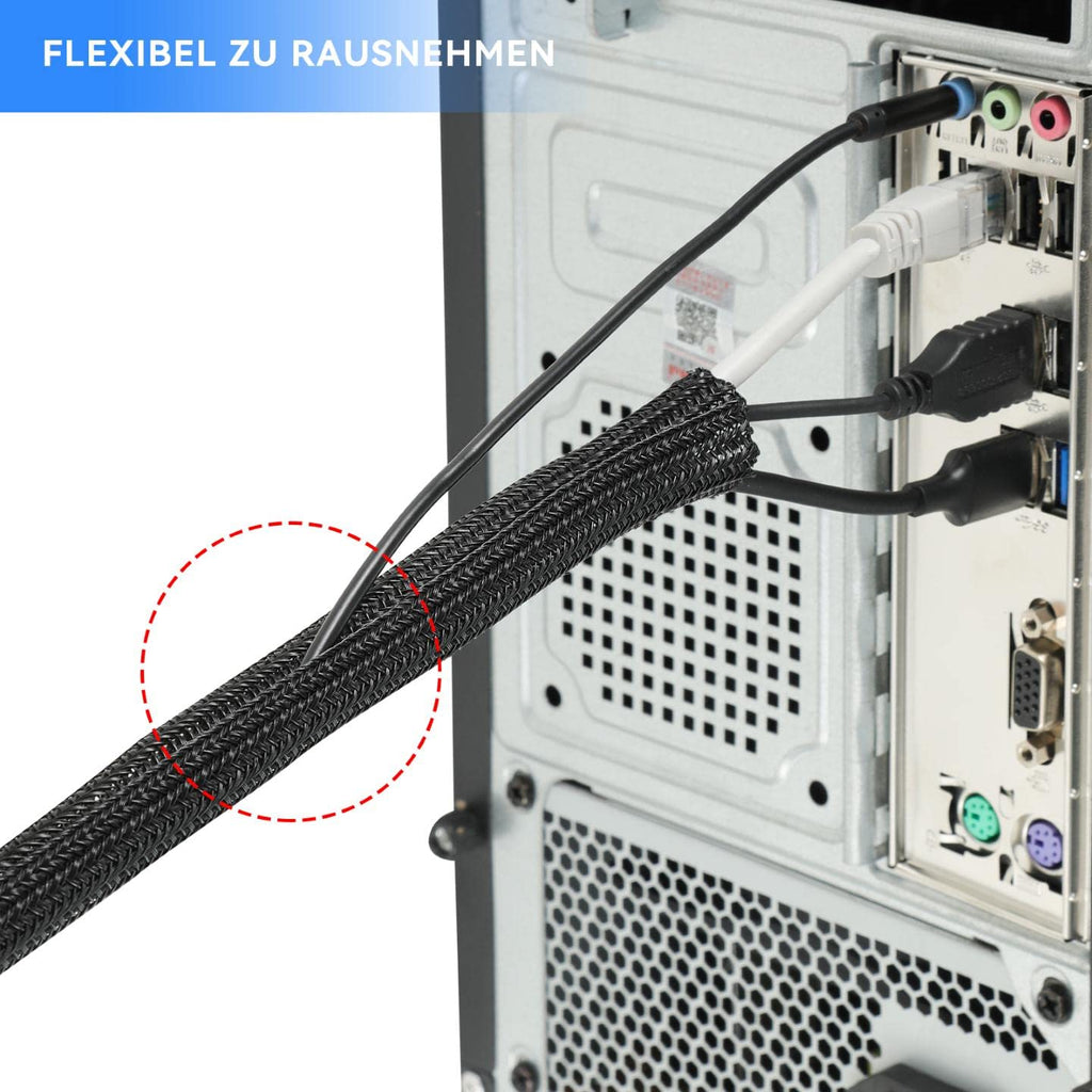 AGPTEK 2m Kabelschlauch, 25-39mm selbstschließend Kabelkanal, Flexibler gewebter Kabelmantel, Kabelmanagement für Schreibtisch, TV, Computer, PC, Kabelschutz für Hund, Katze, Schwarz