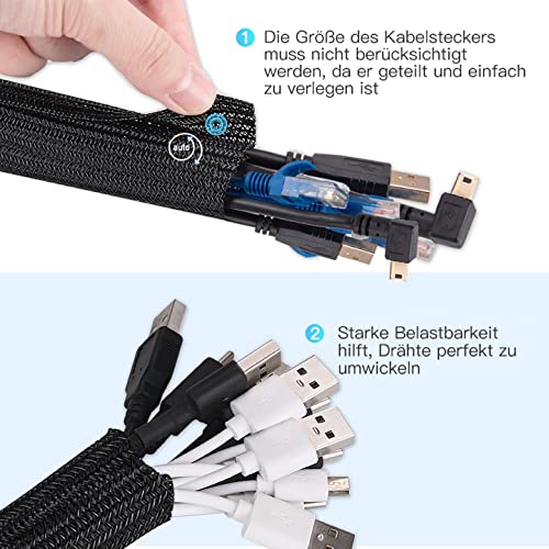 AGPTEK 2m Kabelschlauch, 25-39mm selbstschließend Kabelkanal, Flexibler gewebter Kabelmantel, Kabelmanagement für Schreibtisch, TV, Computer, PC, Kabelschutz für Hund, Katze, Schwarz