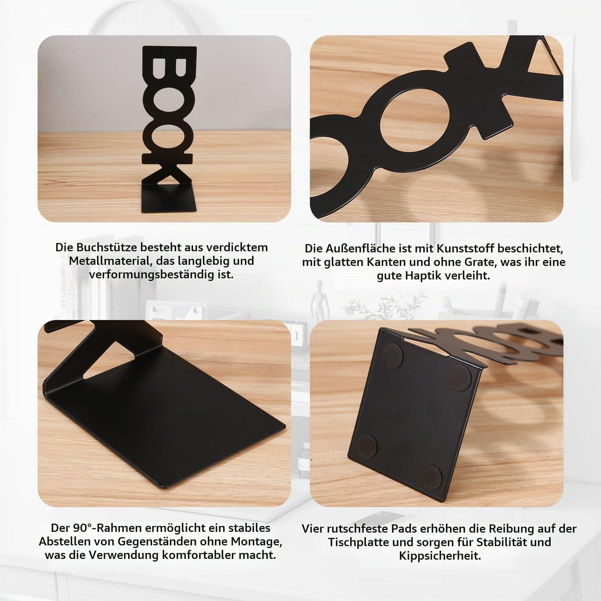 4 Stück Buchstützen Metall, Bücherhalter Bookends, Schwere Buchstütze