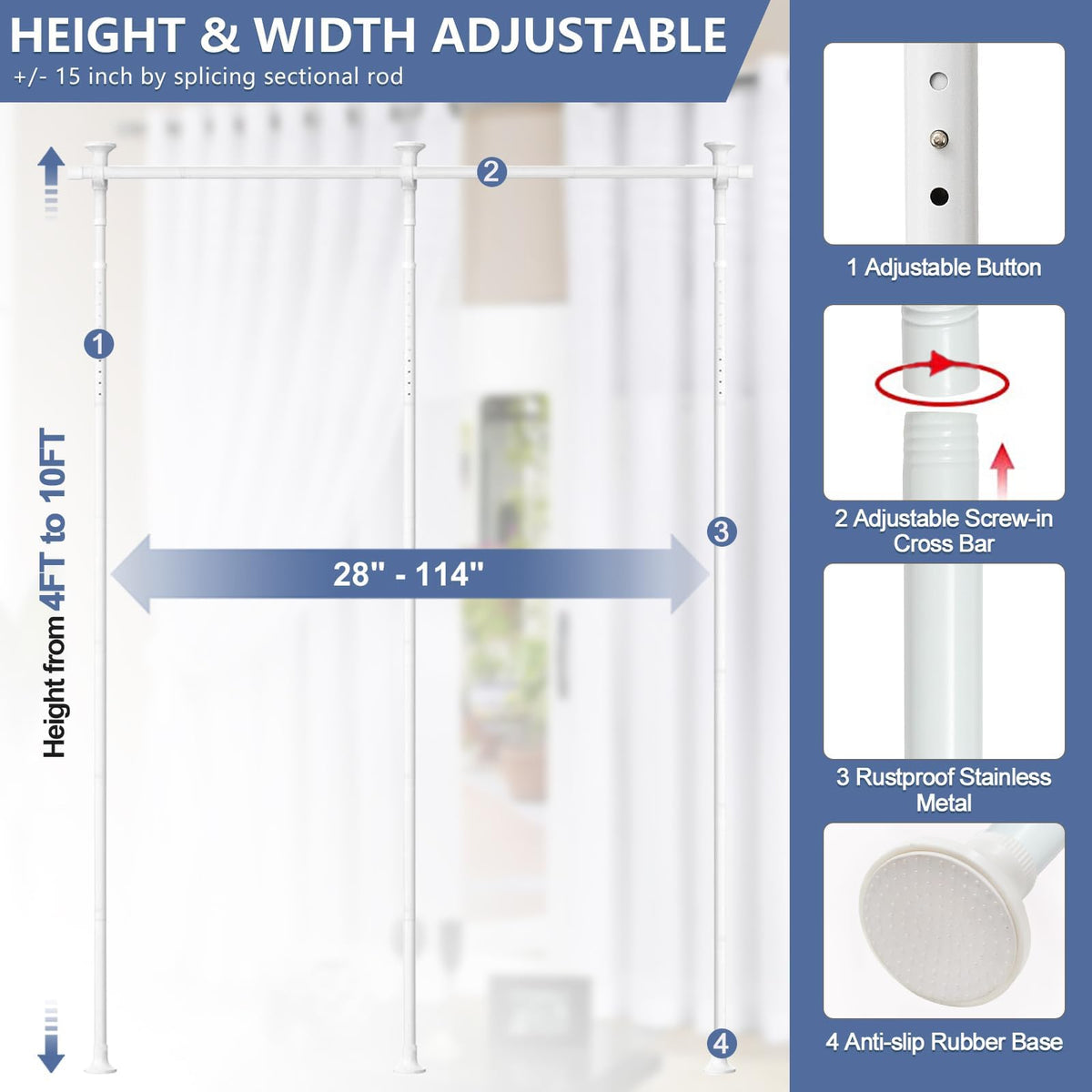 Raumteiler Paraventgestell Gardinenstange ohne Vorhang, Flexibel Verstellbarer Paravent, Raumtrenner oder Gardinenstange,Sichtschutz für Wohnzimmer Schlafzimmer,B 280 cm x H 317 cm, Weiß