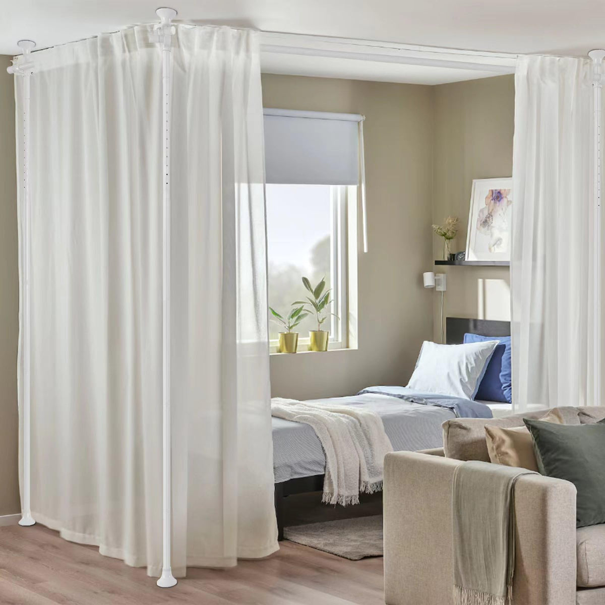 Raumteiler Paraventgestell Gardinenstange ohne Vorhang, Flexibel Verstellbarer Paravent, Raumtrenner oder Gardinenstange,Sichtschutz für Wohnzimmer Schlafzimmer,B 280 cm x H 317 cm, Weiß