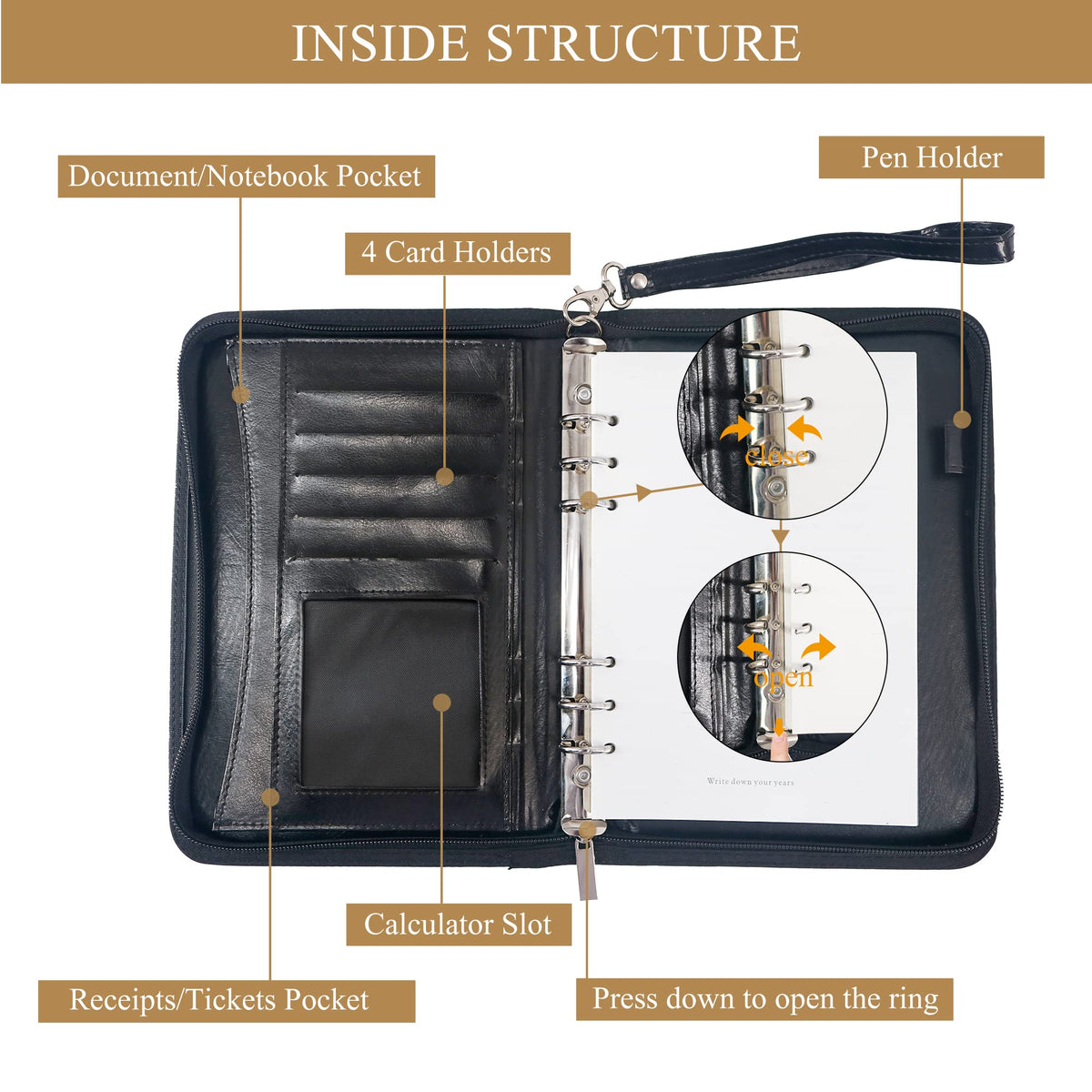 GraduationMall A5 Schreibmappe mit Ringbuch Reißverschluss Portfolio Klemmbrett Business Mappe Dokumentenmappe Organizer Schwarz