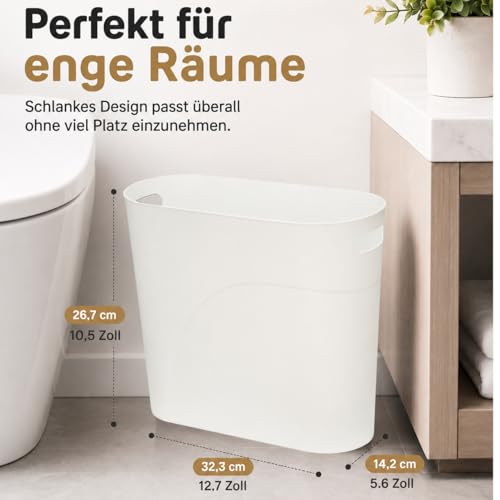 Caxmtu Mülleimer Papierkorb Abfalleimer Badezimmer Papiereimer Höhe 27 cm 10 L Schlanker Mülleimer mit Griff für Zuhause Küche Badezimmer Schlafzimmer Büro, aus Kunststoff, 2 Stück (Weiss)