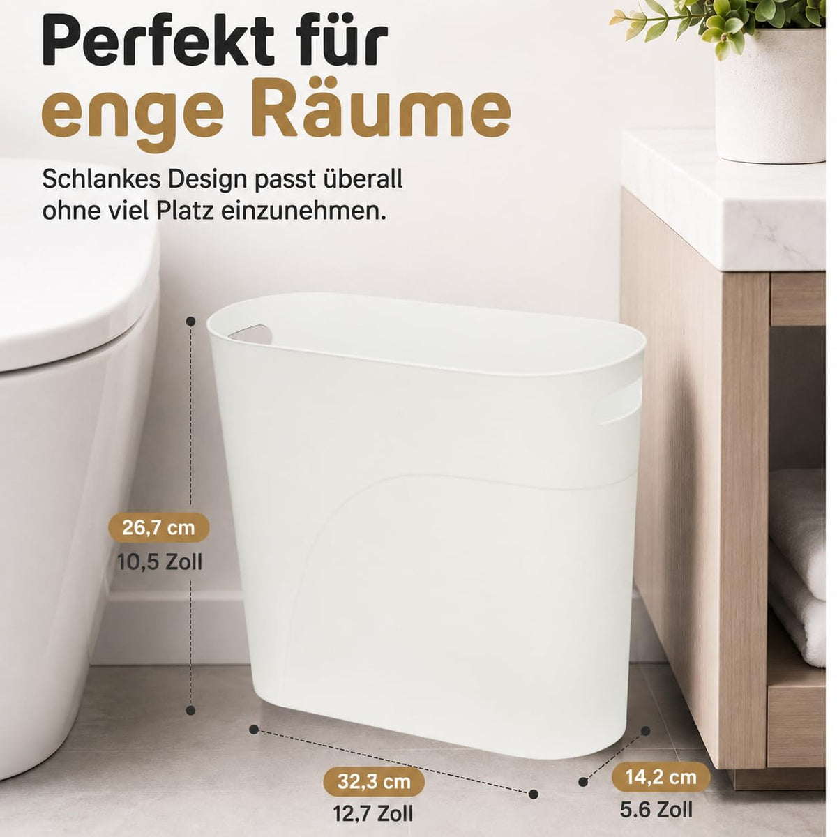 Caxmtu Mülleimer Papierkorb Abfalleimer Badezimmer Papiereimer Höhe 27 cm 10 L Schlanker Mülleimer mit Griff für Zuhause Küche Badezimmer Schlafzimmer Büro, aus Kunststoff, 2 Stück (Weiss)