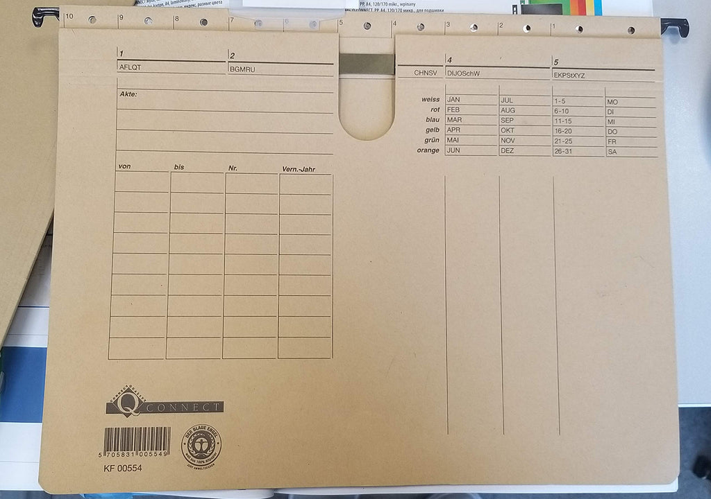 Q-Connect KF00554 Hängehefter/Hängemappen Für A4 Farbe: Braun/Natronkarton, Heftung aus 250g/qm / 25 Stück/Schwarzer Organisationsdruck/mit auswechselbaren Blanco-Schildchen/Blauer Engel