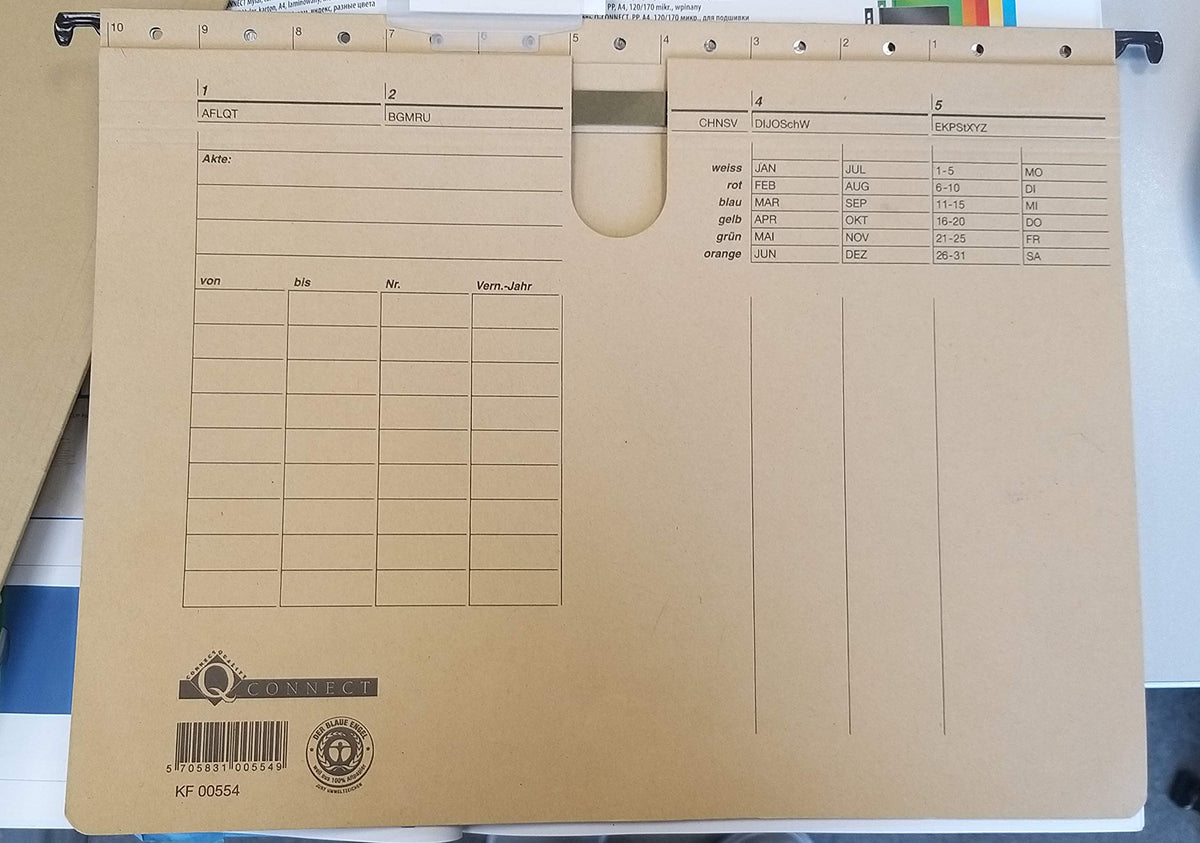 Q-Connect KF00554 Hängehefter/Hängemappen Für A4 Farbe: Braun/Natronkarton, Heftung aus 250g/qm / 25 Stück/Schwarzer Organisationsdruck/mit auswechselbaren Blanco-Schildchen/Blauer Engel
