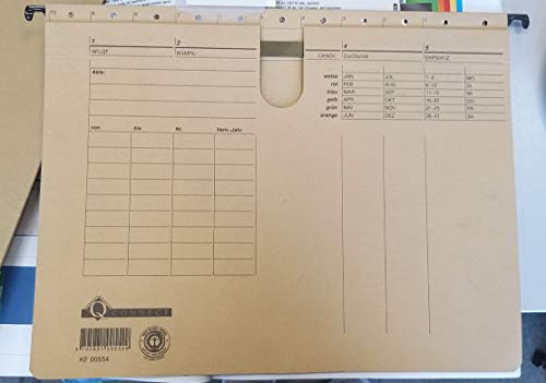 Q-Connect KF00554 Hängehefter/Hängemappen Für A4 Farbe: Braun/Natronkarton, Heftung aus 250g/qm / 25 Stück/Schwarzer Organisationsdruck/mit auswechselbaren Blanco-Schildchen/Blauer Engel