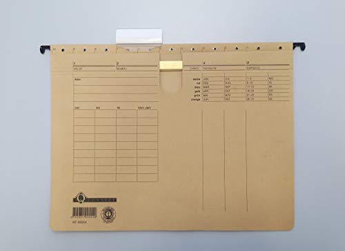 Q-Connect KF00554 Hängehefter/Hängemappen Für A4 Farbe: Braun/Natronkarton, Heftung aus 250g/qm / 25 Stück/Schwarzer Organisationsdruck/mit auswechselbaren Blanco-Schildchen/Blauer Engel