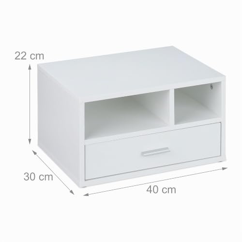 Relaxdays Druckerständer mit Schublade & 2 Fächern, Schreibtisch Regal für Drucker, Druckerhalter, HBT 22x40x30 cm, weiß