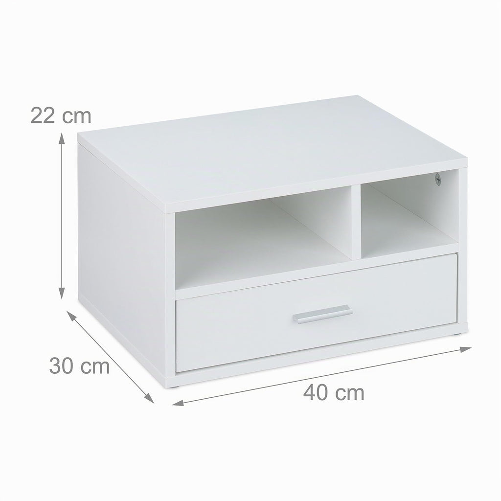 Relaxdays Druckerständer mit Schublade & 2 Fächern, Schreibtisch Regal für Drucker, Druckerhalter, HBT 22x40x30 cm, weiß