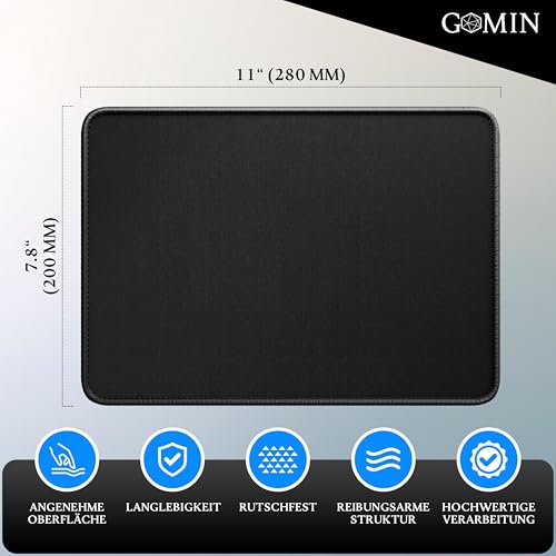 Gomin Mauspad 280 x 200 mm, Gaming Mousepad rutschfest und Wasserdicht, Ohne störendes Logo verbessert Präzision und Geschwindigkeit, Mouse Pad Klein ideal für Büro, Laptop und Gaming, Schwarz