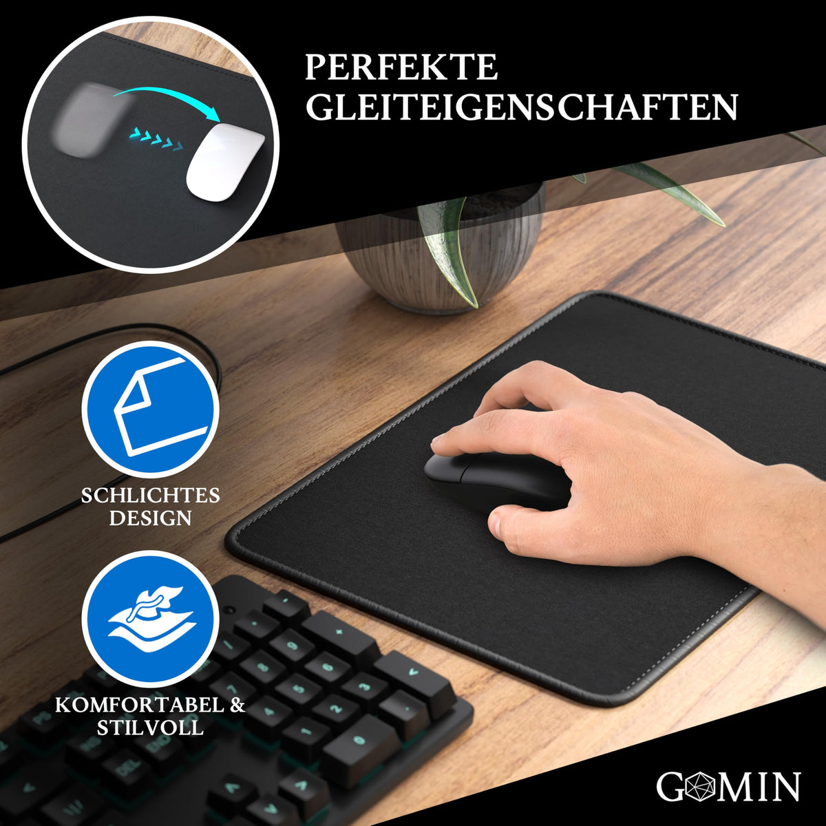 Gomin Mauspad 280 x 200 mm, Gaming Mousepad rutschfest und Wasserdicht, Ohne störendes Logo verbessert Präzision und Geschwindigkeit, Mouse Pad Klein ideal für Büro, Laptop und Gaming, Schwarz