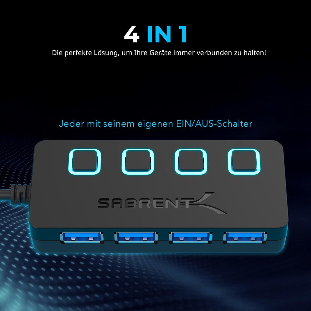 SABRENT USB Hub 3.2 Gen 1 mit Schaltern – 4 Port USB Verteiler mit LED Anzeige, 68CM Kabel, 5Gbps – USB Splitter für MacBook, iMac, Surface, Dell, PC, Laptop, PS5 – Plug & Play ohne Netzteil (HB-UM43)