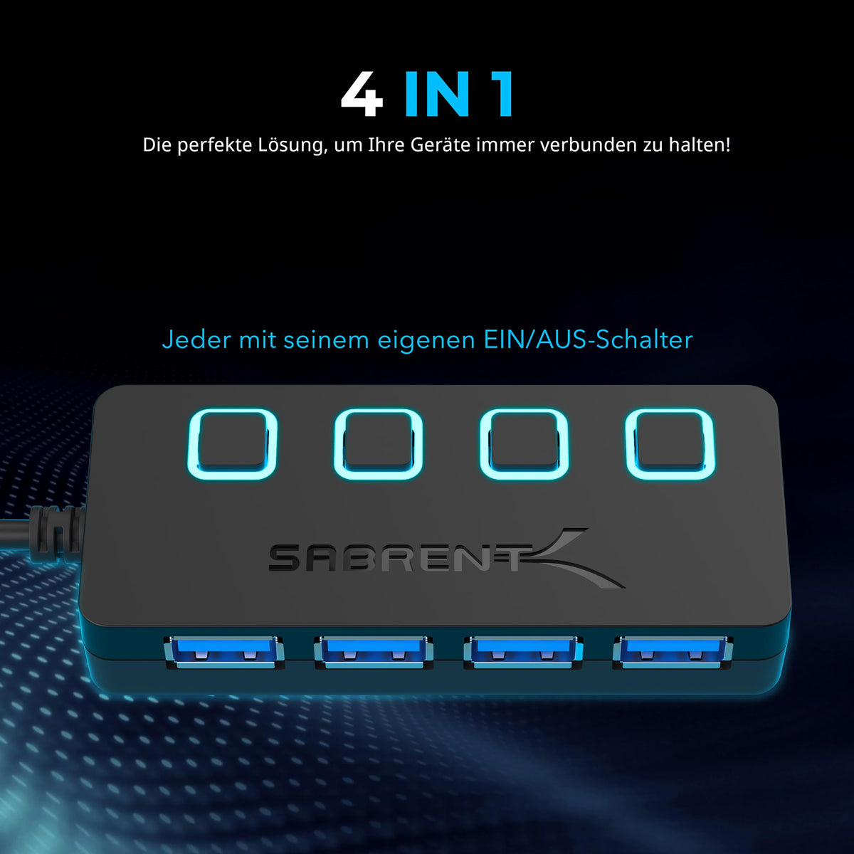 SABRENT USB Hub 3.2 Gen 1 mit Schaltern – 4 Port USB Verteiler mit LED Anzeige, 68CM Kabel, 5Gbps – USB Splitter für MacBook, iMac, Surface, Dell, PC, Laptop, PS5 – Plug & Play ohne Netzteil (HB-UM43)