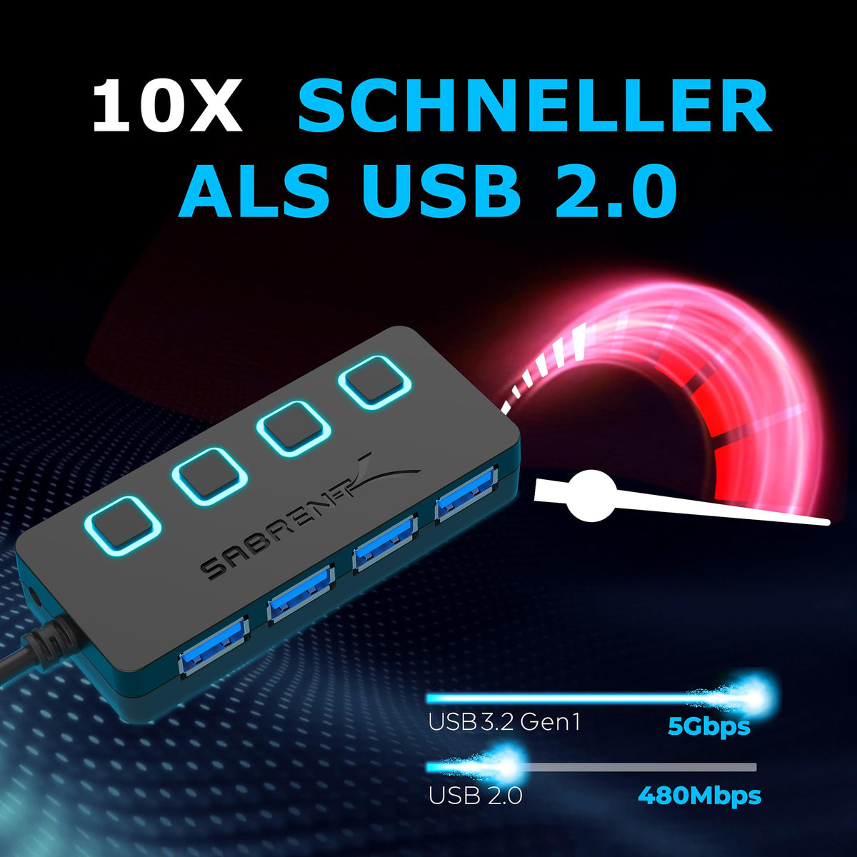 SABRENT USB Hub 3.2 Gen 1 mit Schaltern – 4 Port USB Verteiler mit LED Anzeige, 68CM Kabel, 5Gbps – USB Splitter für MacBook, iMac, Surface, Dell, PC, Laptop, PS5 – Plug & Play ohne Netzteil (HB-UM43)