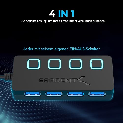 SABRENT USB Hub 3.2 Gen 1 mit Schaltern – 4 Port USB Verteiler mit LED Anzeige, 68CM Kabel, 5Gbps – USB Splitter für MacBook, iMac, Surface, Dell, PC, Laptop, PS5 – Plug & Play ohne Netzteil (HB-UM43)