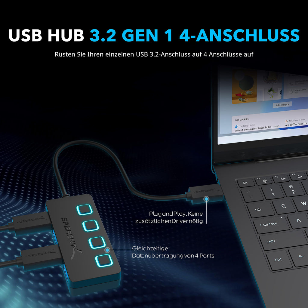 SABRENT USB Hub 3.2 Gen 1 mit Schaltern – 4 Port USB Verteiler mit LED Anzeige, 68CM Kabel, 5Gbps – USB Splitter für MacBook, iMac, Surface, Dell, PC, Laptop, PS5 – Plug & Play ohne Netzteil (HB-UM43)