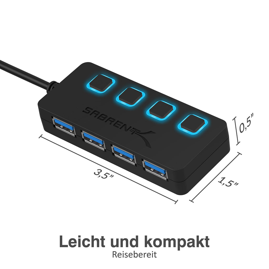 SABRENT USB Hub 3.2 Gen 1 mit Schaltern – 4 Port USB Verteiler mit LED Anzeige, 68CM Kabel, 5Gbps – USB Splitter für MacBook, iMac, Surface, Dell, PC, Laptop, PS5 – Plug & Play ohne Netzteil (HB-UM43)