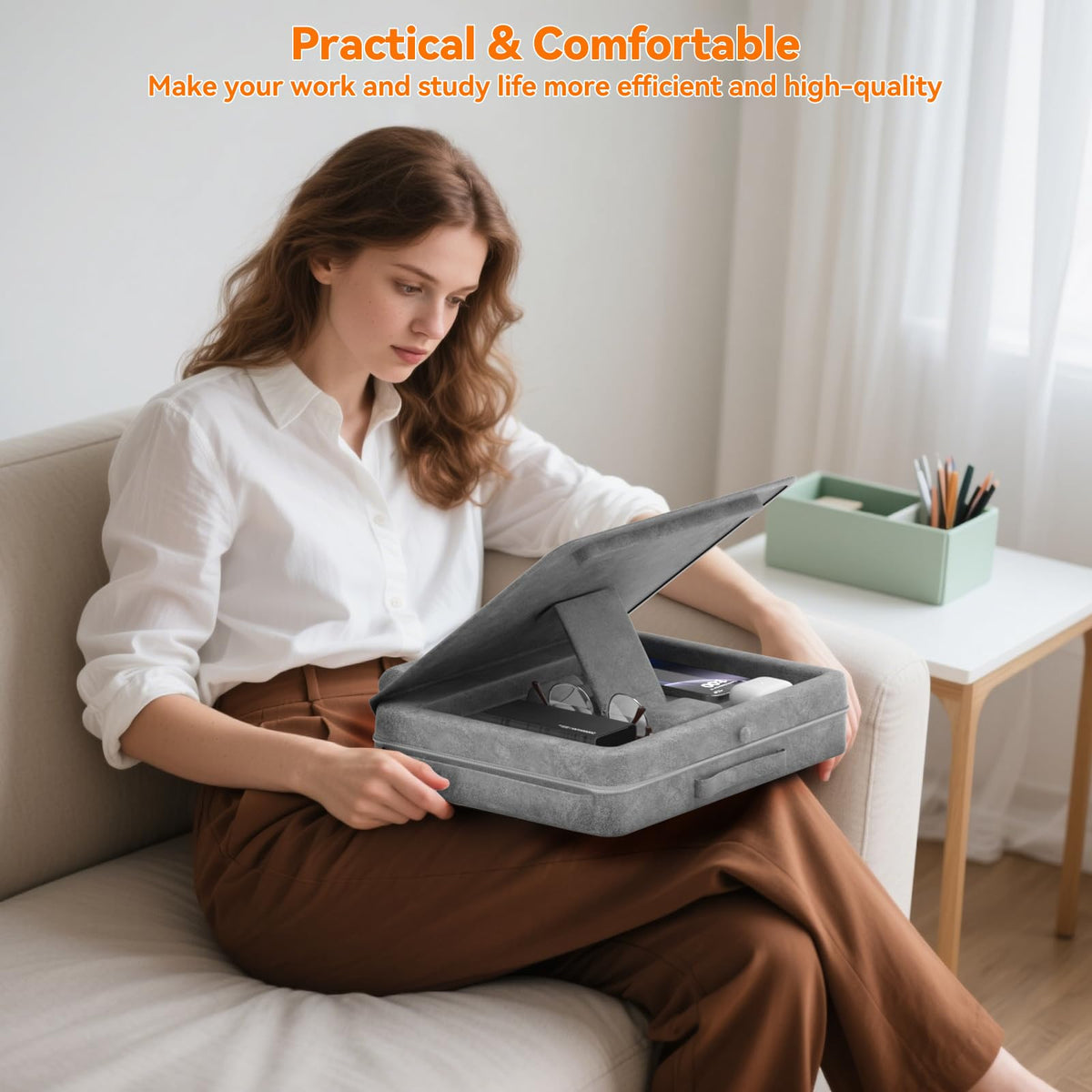 KDD Laptopkissen Schoß mit Aufbewahrung, Laptop Tisch für Bett/Sofa/Couch, Verstellbarer Laptop Unterlage mit Tablet-/ Handy Halter, Knietablett mit Kissen für Zuhause Büro Abreiten Reisen