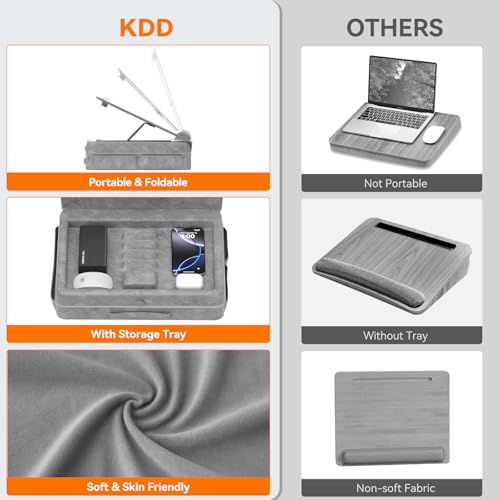 KDD Laptopkissen Schoß mit Aufbewahrung, Laptop Tisch für Bett/Sofa/Couch, Verstellbarer Laptop Unterlage mit Tablet-/ Handy Halter, Knietablett mit Kissen für Zuhause Büro Abreiten Reisen