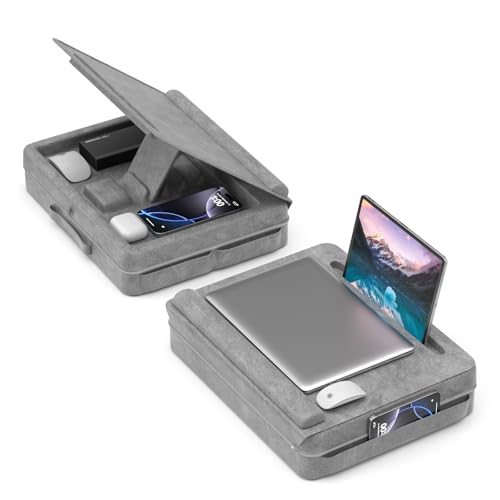 KDD Laptopkissen Schoß mit Aufbewahrung, Laptop Tisch für Bett/Sofa/Couch, Verstellbarer Laptop Unterlage mit Tablet-/ Handy Halter, Knietablett mit Kissen für Zuhause Büro Abreiten Reisen