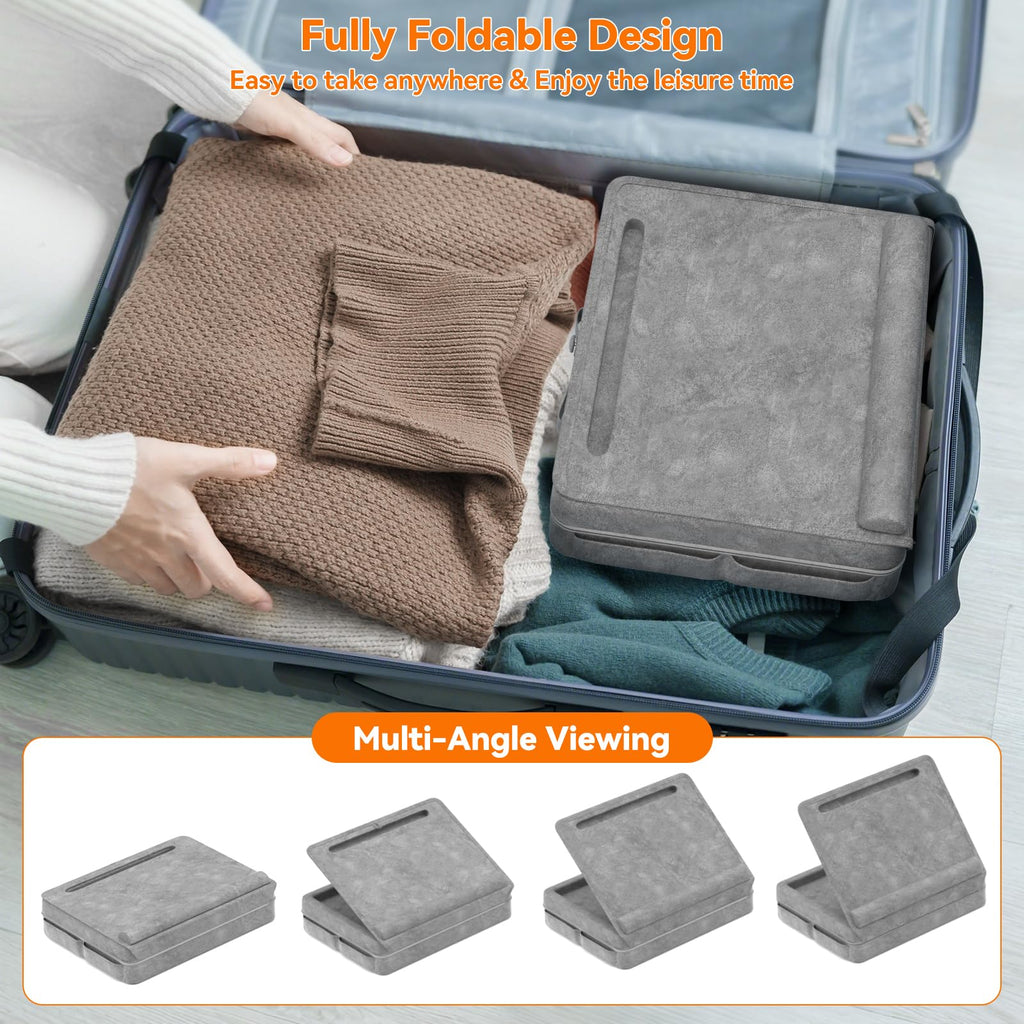 KDD Laptopkissen Schoß mit Aufbewahrung, Laptop Tisch für Bett/Sofa/Couch, Verstellbarer Laptop Unterlage mit Tablet-/ Handy Halter, Knietablett mit Kissen für Zuhause Büro Abreiten Reisen