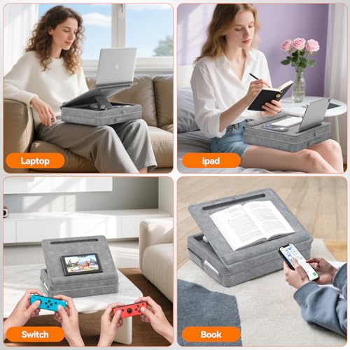 KDD Laptopkissen Schoß mit Aufbewahrung, Laptop Tisch für Bett/Sofa/Couch, Verstellbarer Laptop Unterlage mit Tablet-/ Handy Halter, Knietablett mit Kissen für Zuhause Büro Abreiten Reisen