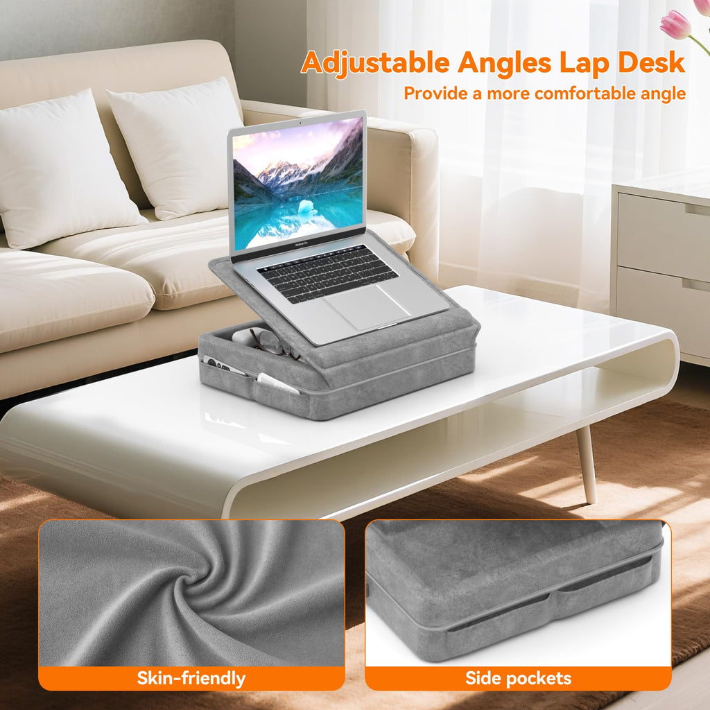 KDD Laptopkissen Schoß mit Aufbewahrung, Laptop Tisch für Bett/Sofa/Couch, Verstellbarer Laptop Unterlage mit Tablet-/ Handy Halter, Knietablett mit Kissen für Zuhause Büro Abreiten Reisen