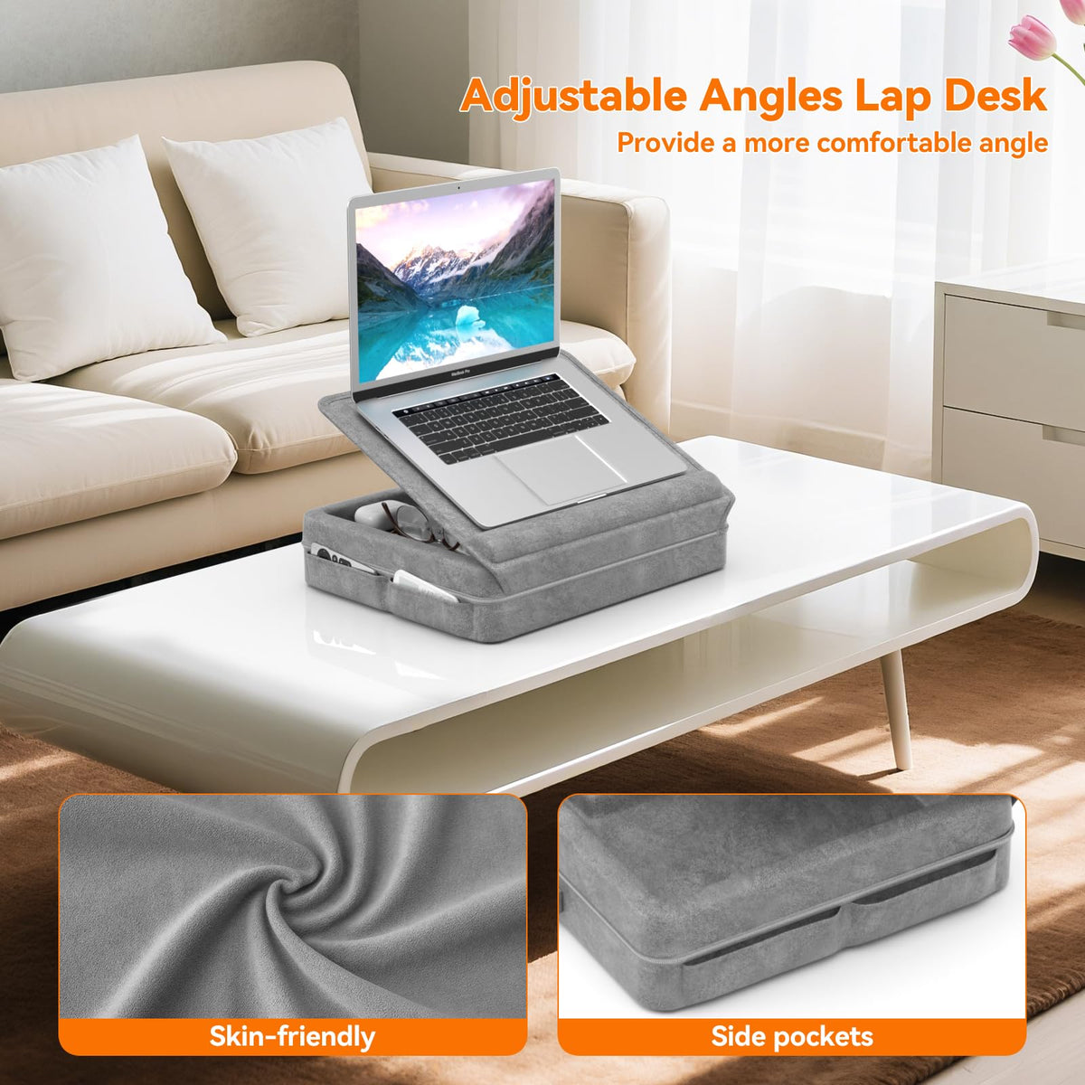 KDD Laptopkissen Schoß mit Aufbewahrung, Laptop Tisch für Bett/Sofa/Couch, Verstellbarer Laptop Unterlage mit Tablet-/ Handy Halter, Knietablett mit Kissen für Zuhause Büro Abreiten Reisen