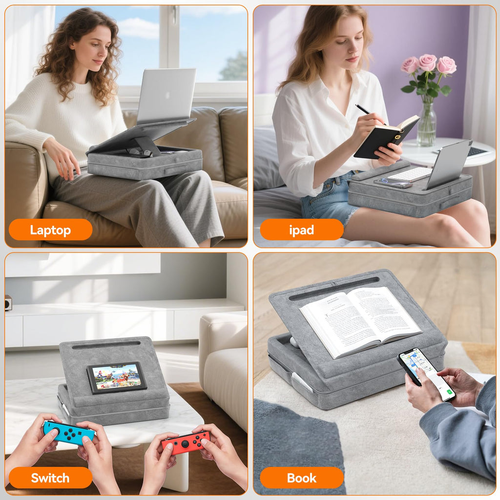 KDD Laptopkissen Schoß mit Aufbewahrung, Laptop Tisch für Bett/Sofa/Couch, Verstellbarer Laptop Unterlage mit Tablet-/ Handy Halter, Knietablett mit Kissen für Zuhause Büro Abreiten Reisen