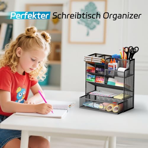 Schreibtisch Organizer Stiftehalter mit Schublade – Multifunktionaler Stiftehalter aus Metall Netz, Büro Organizer für Home Office, Schule & Studium, Platzsparend, Stabil, Schwarz