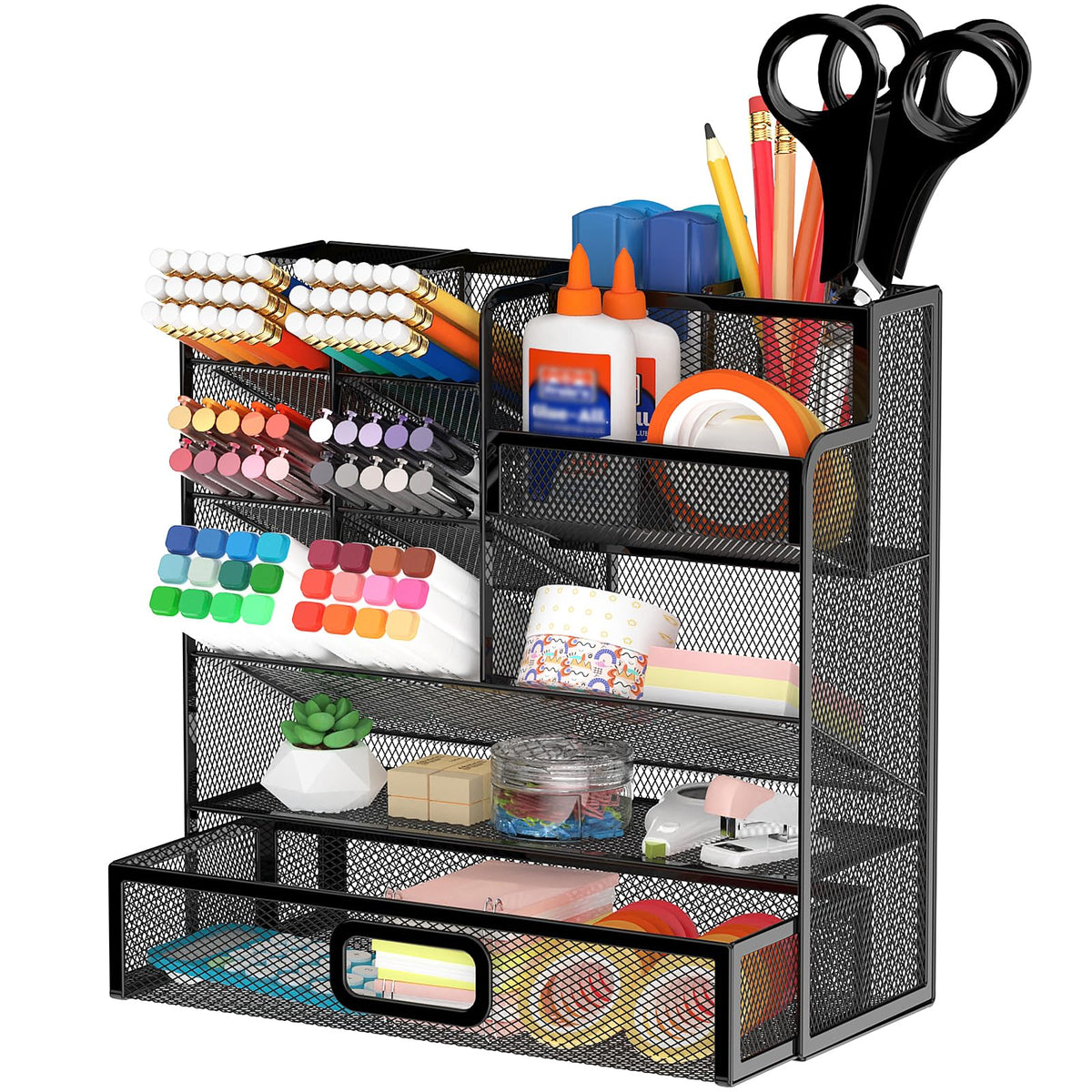 Schreibtisch Organizer Stiftehalter mit Schublade – Multifunktionaler Stiftehalter aus Metall Netz, Büro Organizer für Home Office, Schule & Studium, Platzsparend, Stabil, Schwarz