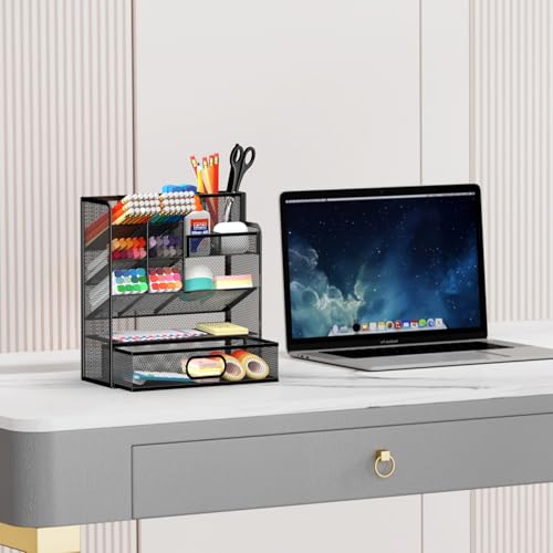 Schreibtisch Organizer Stiftehalter mit Schublade – Multifunktionaler Stiftehalter aus Metall Netz, Büro Organizer für Home Office, Schule & Studium, Platzsparend, Stabil, Schwarz