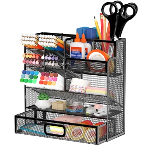 Schreibtisch Organizer Stiftehalter mit Schublade – Multifunktionaler Stiftehalter aus Metall Netz, Büro Organizer für Home Office, Schule & Studium, Platzsparend, Stabil, Schwarz